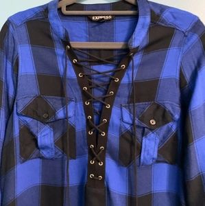 Blue Plaid And Pieced Lace Boyfriend Shirt